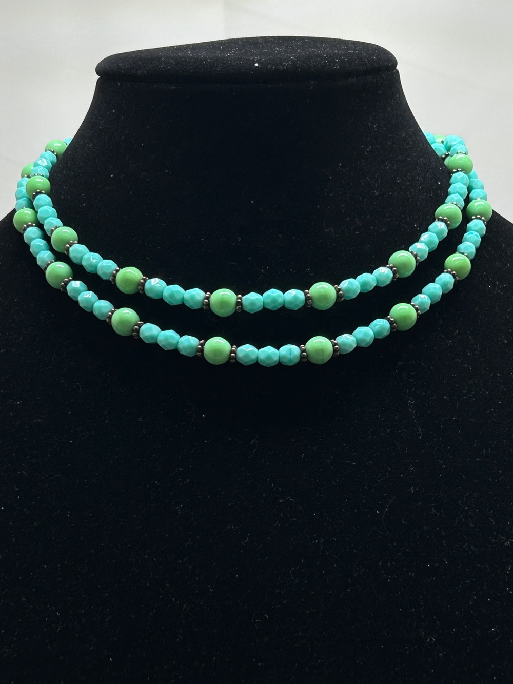 Vintage, Blue Crystal And Green Glass Beaded Short Necklace, Choker, Boho